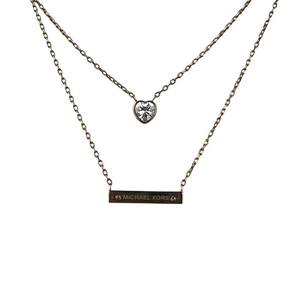 Michael Kors Gold Plated 16"-18" Double Chain Necklace Heart Bar - Picture 1 of 9